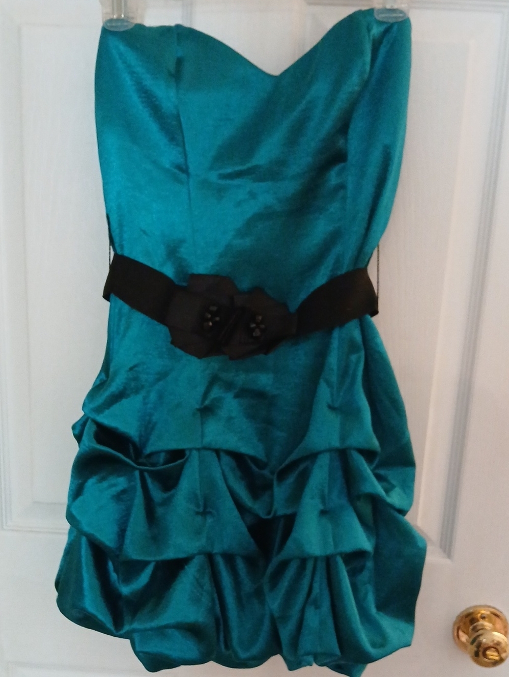 Ruby Rox Teal Strapless Ruffle Prom Dress with Black Waistband